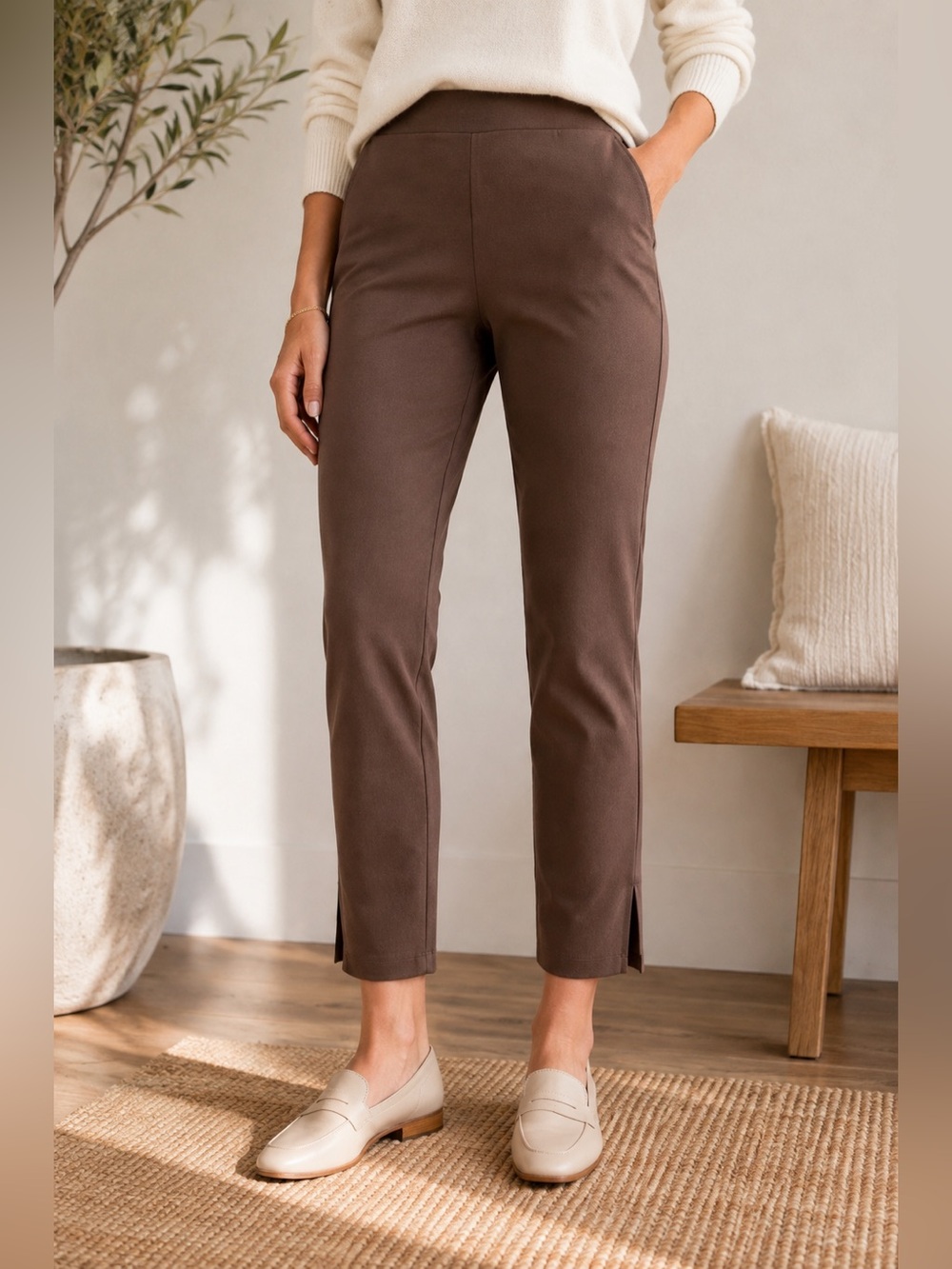 Vince Chocolate Brown Stretch Knit Pull-On Crop Pants Split Hem XXL